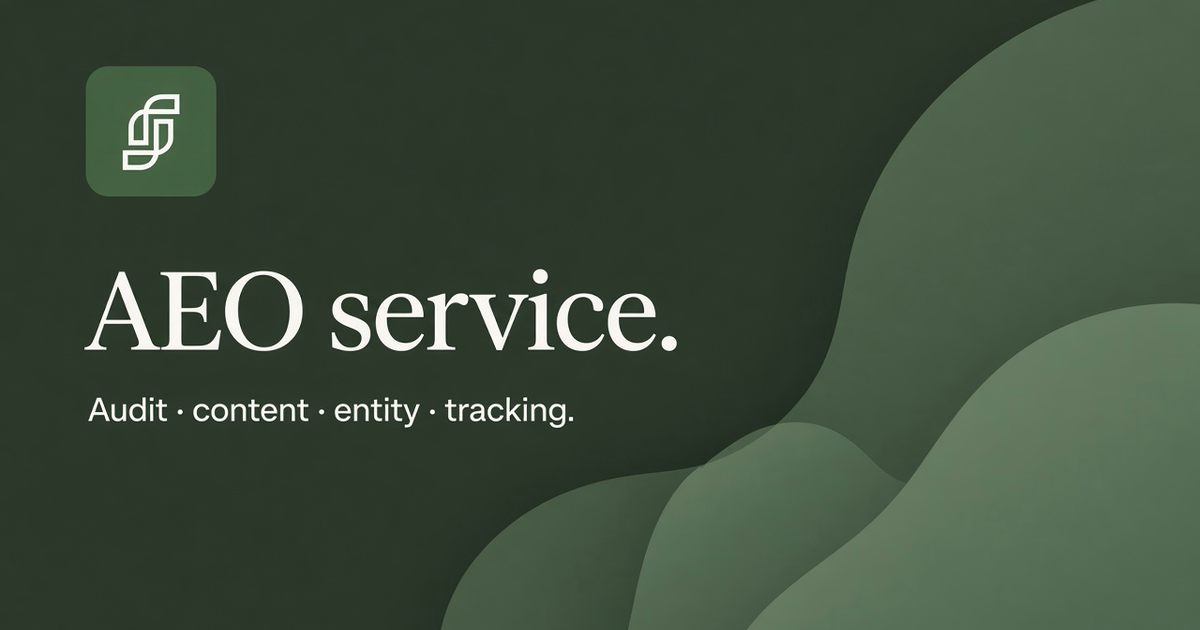 AEO service guide: audit, content, entity and tracking, set in Terradium forest green with the brand mark