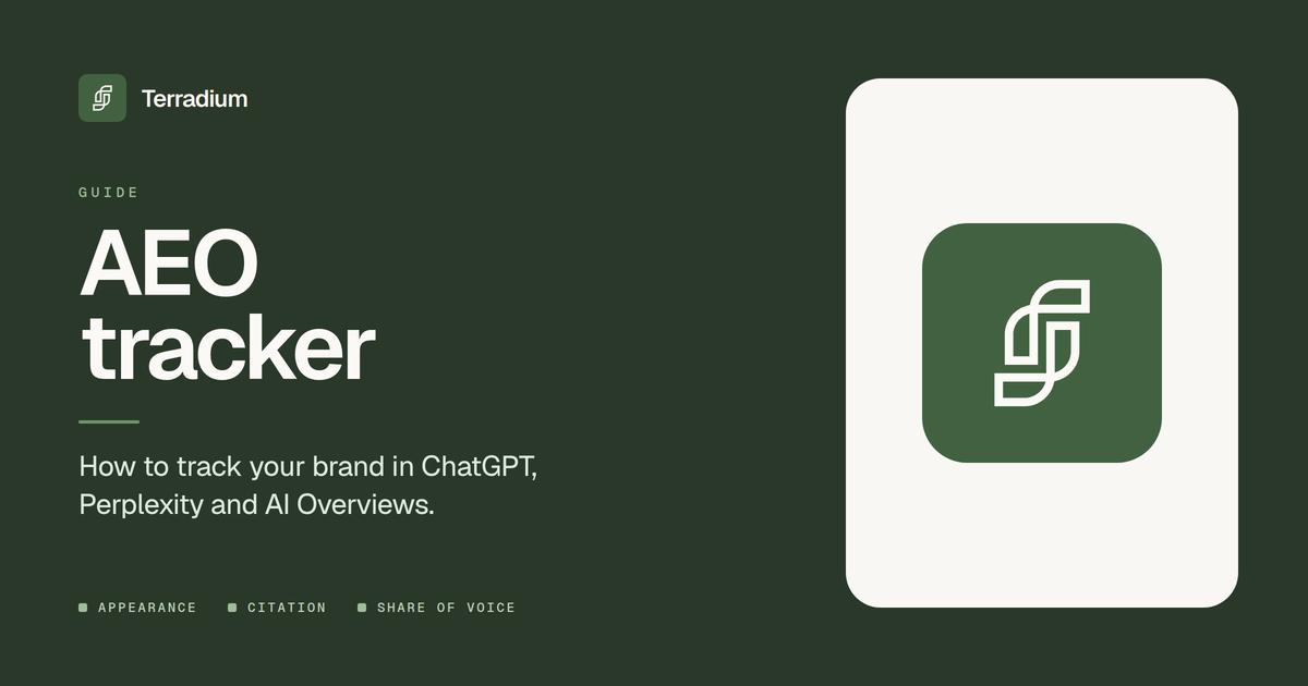 AEO tracker guide: appearance, citation and share of voice, set in Terradium forest green with the brand mark